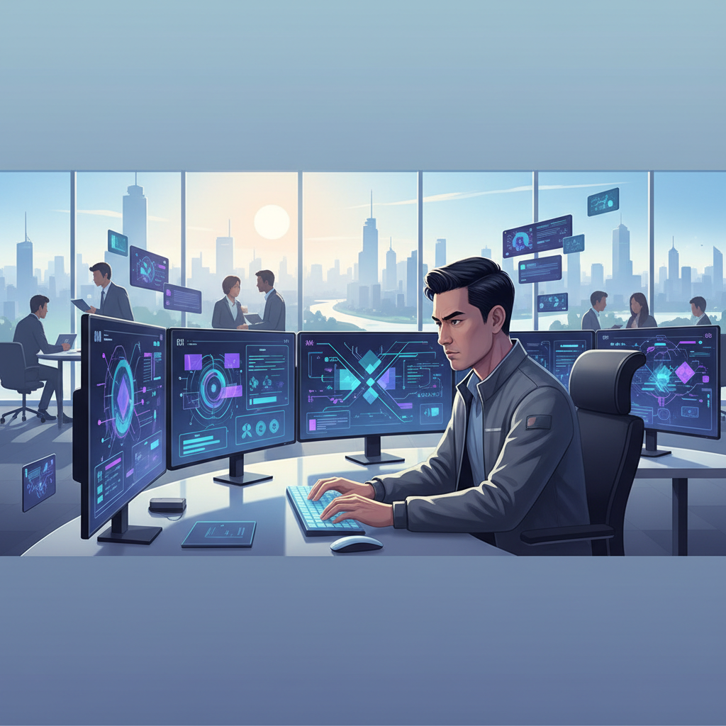Cybersecurity analyst in a modern, well-lit office in Ho Chi Minh City, monitoring multiple screens with AI-powered threat detection dashboards, focused and determined