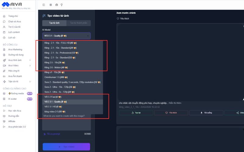 AIVA Studio có đầy đủ model Veo3 và Kling AI